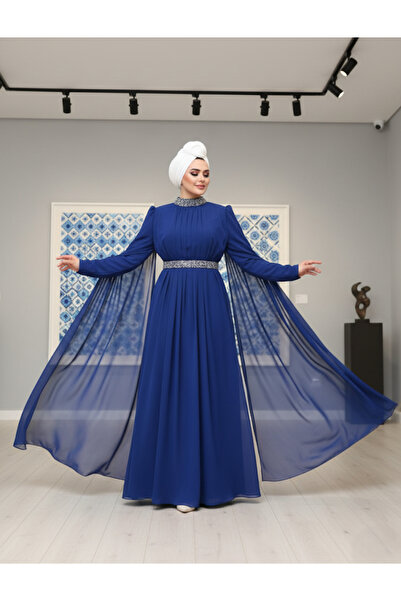 ALA MİRA Kolu Pelerin Taşlı Sax Tesettür Abiye Elbise ALM52911SX