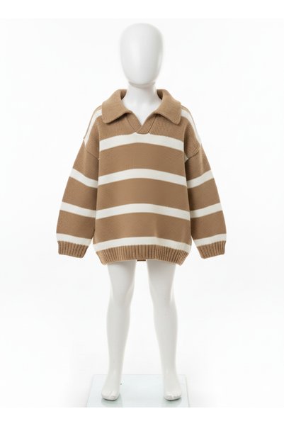 imoop design Kids Brown Polo Neck Striped Knit Sweater