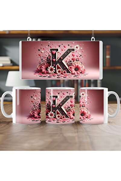 Beramussa كوب بحرف K، كوب مطلي بالكامل بألوان وردية مع قلب، هدية للأصدقاء أو ...