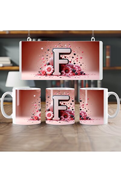 Beramussa كوب بحرف F الأول، كوب مطلي بالكامل بألوان وردية مع قلب، هدية للأصدق...