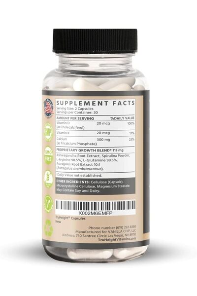 TruHeight Growth Capsules: Kids & Teens Bone Strength with Vitamin D, K, Calcium & Ashwagandha