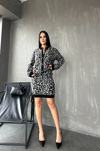 kamacibutik Crew Neck Leopard Print Double Knit Dress