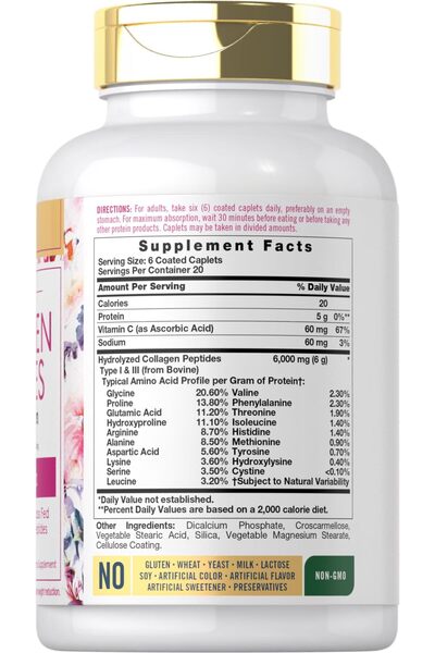 Carlyle Collagen with Vitamin C | 6000mg | 120 Caplets | Multi Collagen Peptides