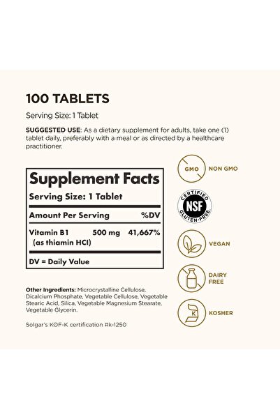 Solgar Vitamin B1 (Thiamin) 500 mg, 100 Tablets - Energy & Nervous System Support, Vegan