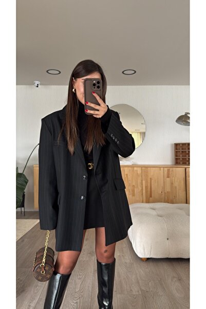 ALVOR Siyah Mavi Dik Çizgili Oversize Blazer Ceket