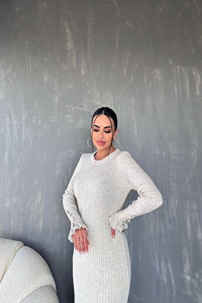 kamacibutik guler rotund Rochie tricotată cu mâneci detaliate