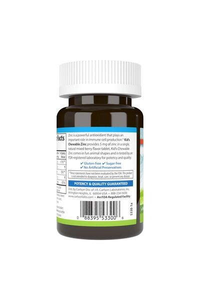 Carlson Kid's Chewable Zinc, 5 mg, Immune Support, Antioxidant Power, Natural Mixed Berry Flavor, 42 Tablets