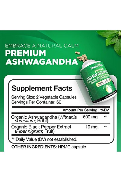 nutrivein Ashwagandha 1600mg with Black Pepper - Stress Relief & Mood Support - 120 Vegan Capsules