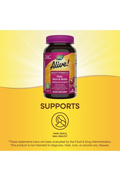 Nature's Way Alive! Hair, Skin & Nails Gummies with Collagen & Biotin, Strawberry, 60 Ct