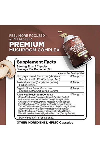 nutrivein Premium 11 Mushroom Complex 2600mg - 120 Capsules