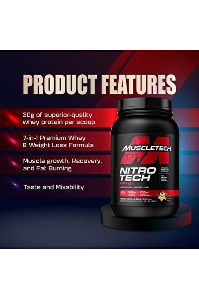 MUSCLETECH Nitro-Tech Ripped Whey Protein Isolate, French Vanilla Bean, 2 lbs
