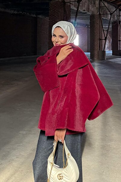 ŞEHRİMODA ŞAL YAKA LOU KÜRK PANÇO CEKET BORDO