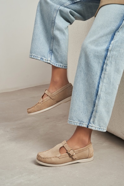 NİŞANTAŞI SHOES Gavin Bej Справжня шкіра Замша Плоска підошва З пряжкою Mary Jane Loafer Жіноче взуття