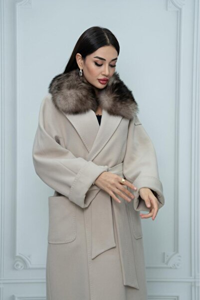 Eccim Fashion Kruvaze Kürk Yaka Sade Kemerli Uzun Kaşmir Kadın Palto Kaban Ceket