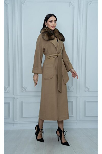 Eccim Fashion Kruvaze Kürk Yaka Sade Kemerli Uzun Kaşmir Kadın Palto Kaban Ceket