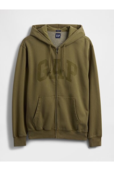 GAP Erkek Haki VintageSoft Arch Logo Tam Fermuarlı Sweatshirt