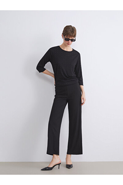 LC Waikiki Siyah Beli Lastikli Dokulu Kadın Eşofman Altı