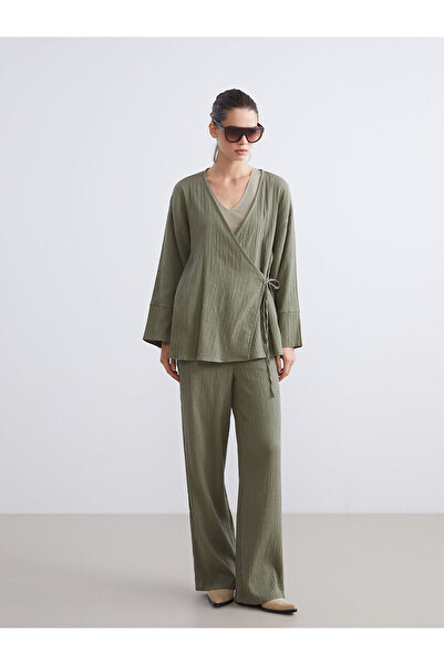 LC Waikiki Peak New Season Plus Size Elastic Waist Textured Muslin Women's Trousers