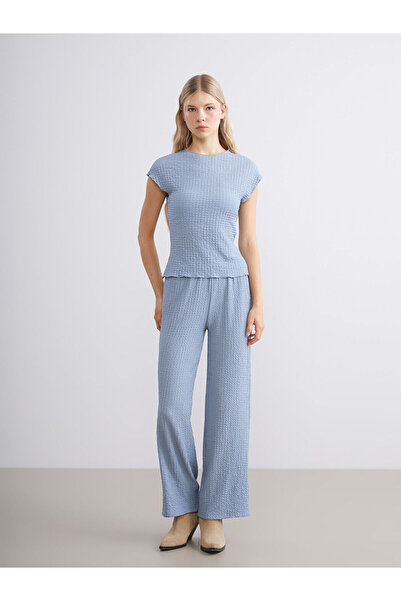 LC Waikiki Indigo Crew Neck Textured Women's Bodysuit