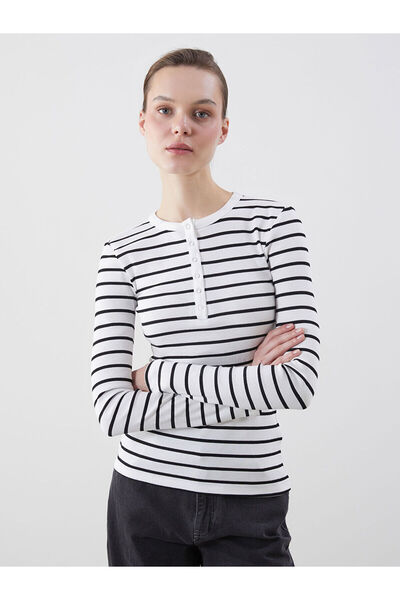 LC Waikiki LCWAIKIKI Classic Beyaz Bisiklet Yaka Çizgili Kadın Tişört