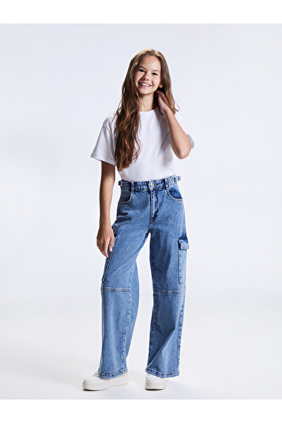 LC Waikiki Peak New Season Adjustable Waist Elasticated Girls' Cargo Jean Tro...