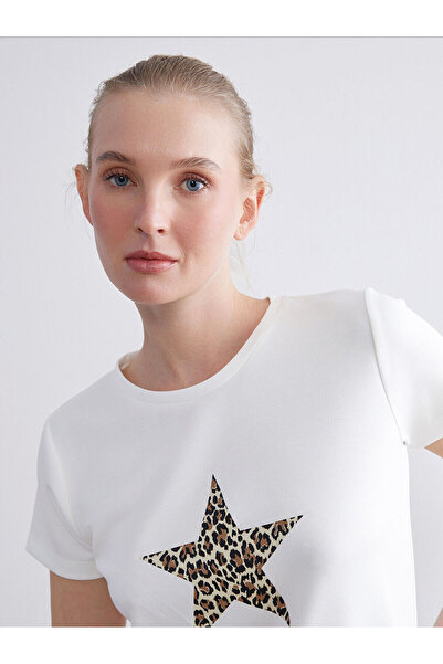 LC Waikiki Ecru Crew Neck Star Printed Women's T-Shirt