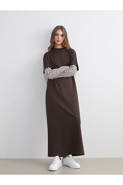 LC Waikiki Dik Yaka Çizgili Sweat Elbise