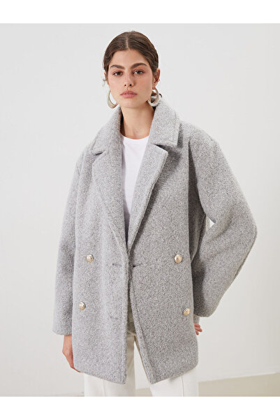 LC Waikiki Gray Double-Breasted Collar Oversize Women's Cashmere Coat