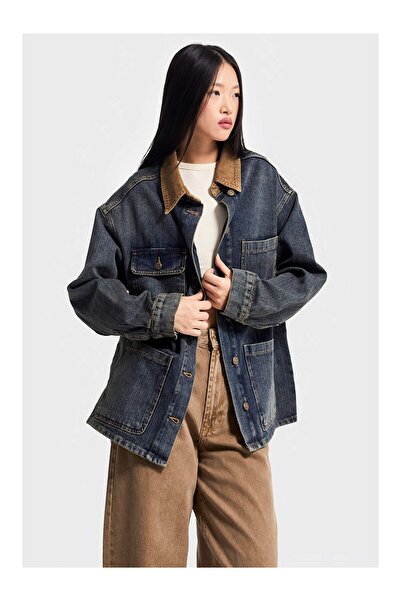 LC Waikiki Jachetă de blugi pentru femei, culoare albastră, 2w5-8 supradimensionat cu nasturi în față, cu detaliu la guler