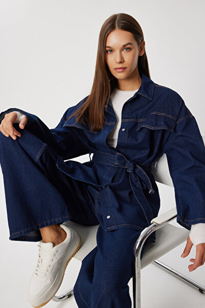 Lovelyİstanbul Belted Denim Jacket Pants Set Lan0075 Dark Blue