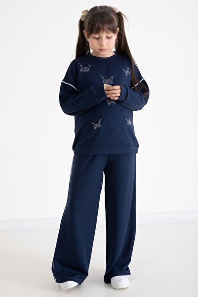 Cansın Mini Lacivert Payetli Kelebek İşlemeli Geniş Paça Kız Çocuk Eşofman Takımı 22735