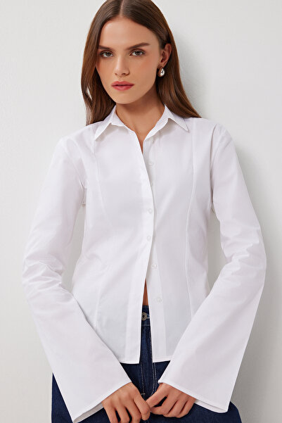 Lovelyİstanbul Waist-Sitting Spanish Sleeve Lycra-Free Shirt Loy0001 White
