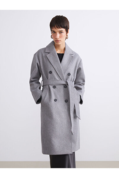 LC Waikiki Gray Double-Breasted Collar Women's Cashmere Coat