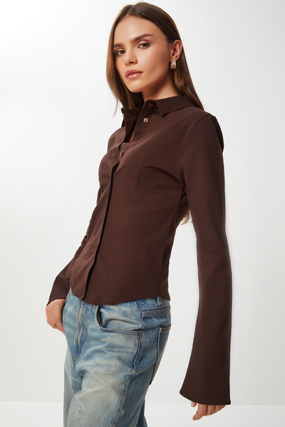 Lovelyİstanbul Bel Oturmalı İspanyol Kol Likrasız Gömlek LOY0001 KAHVERENGİ