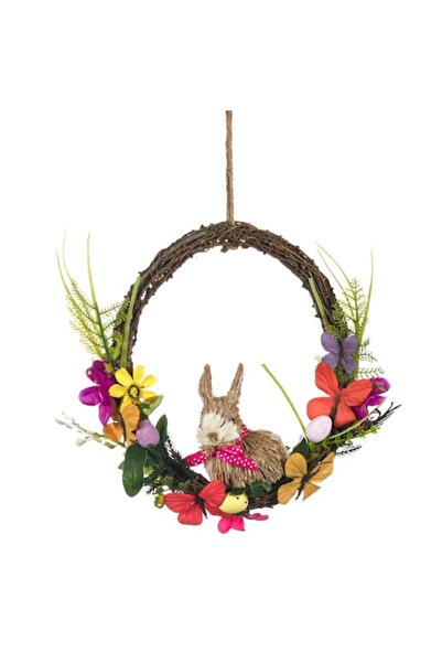 Actual Investing Coroană decorativă de Paște cu iepure, flori și ouă, 29 cm