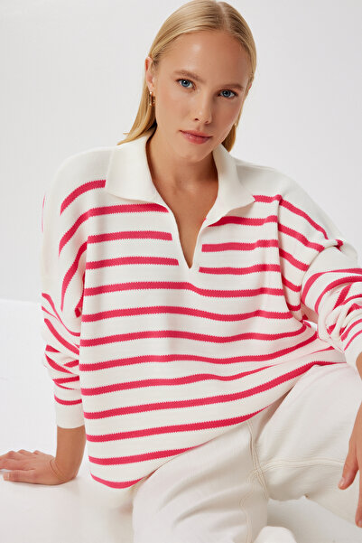 Lovelyİstanbul Pulover tricotat cu dungi cu guler polo LUS0164 ROZ OSE