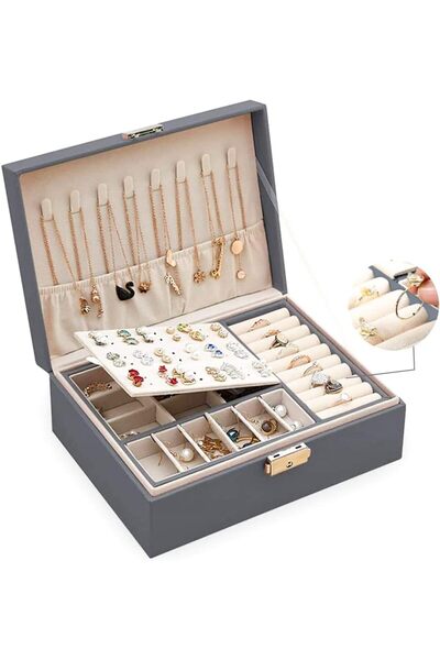 Generic PU Leather 2-Layer Jewelry Box w/ Lock: 74 Earring/Ring/Necklace Storage, Gift for Women