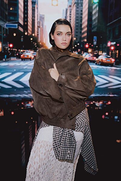 DeFacto Afra X Dad Fit Polo Collar Zippered Suede Jacket F9502Ax25Au