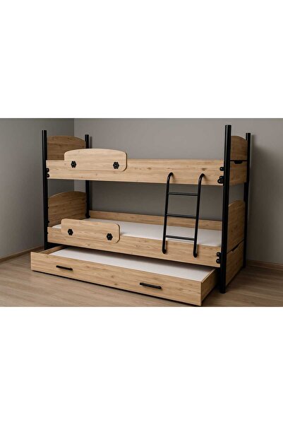 alfafe home 3 Kişilik Yavrulu Metal Merdivenli Destekli Ranza – Doğal Ahşap & Siyah Modern Tasarım