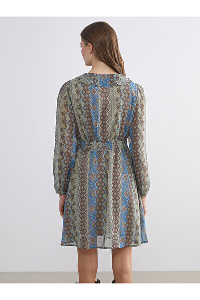 LC Waikiki Vision New Season V-Neck Floral Chiffon Waist-Tied Mini Dress