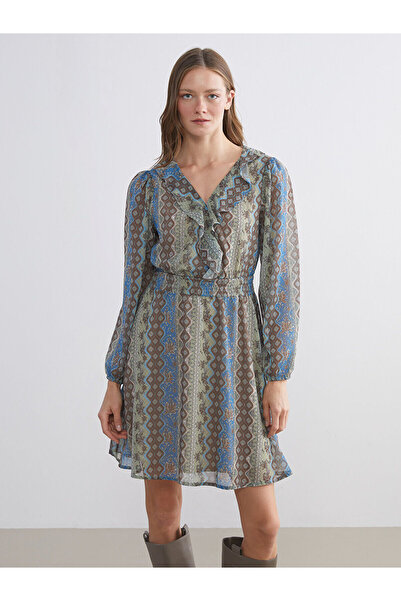 LC Waikiki Vision New Season V-Neck Floral Chiffon Waist-Tied Mini Dress