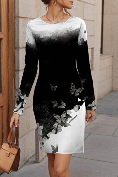 Mossta Yuvarlak Yaka Desenli Kısa Şardonlu Dalgıç Elbise