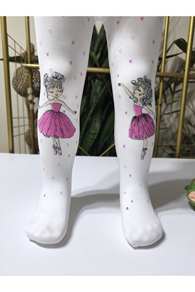 Daymod Baby Girl Children's Pantyhose Ballerina Patterned Glittery White Banana Socks