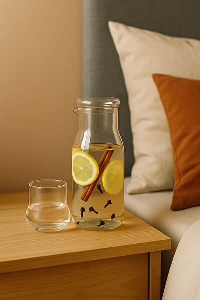 ERKUGO Borosilikat Cam Sürahi/Karaf 950ml Bardaklı Başucu Sürahisi