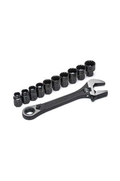 Crescent طقم مفتاح ربط قابل للتعديل ومقبس مسنن من أكسيد أسود X6، مكون من 11 ق...