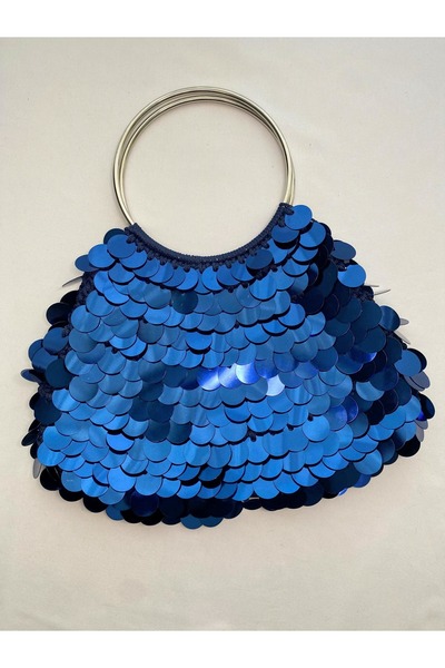 ADAÇAN - BAG GÜMÜŞ SAPLI MAVİ PULLU ÇANTA & MAVİ RENKLİ MAKROME EL EMEĞİ ÇANTA GECE ŞIKLIĞI