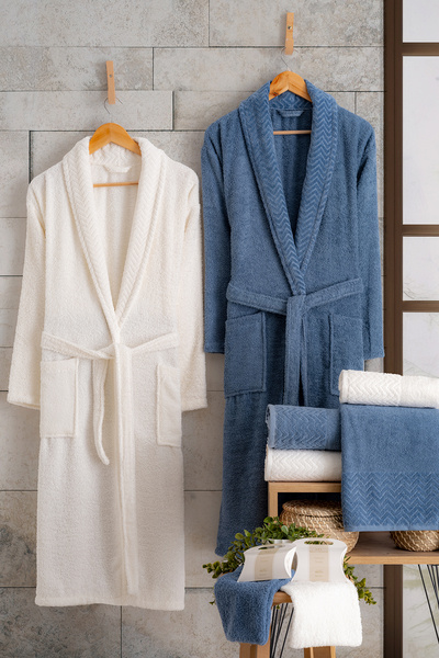 OZNHOME KREM-MAVİ ÇİFT KİŞİLİK 6 PARÇA BORNOZ SETİ