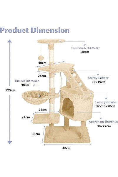 RADIOTRONICS Star Cat Kitten Tree Activity Centre Climbing Tower 125cm Beige Stable with Sisal Scratching Post