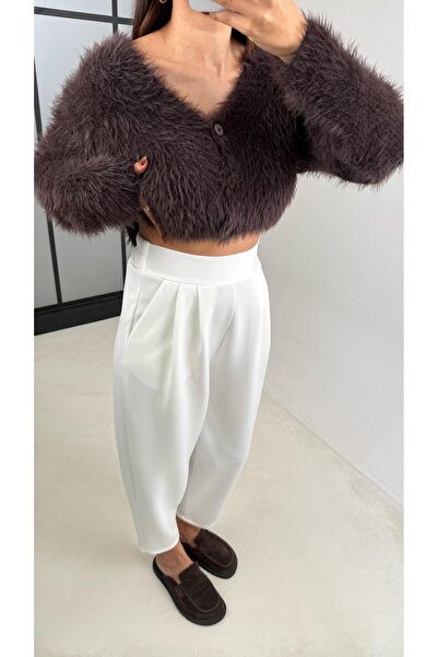 Gaus Beyaz Beli Lastikli Modal Kumaş Şalvar Pantolon GAUS-00210