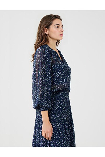 Jimmy Key Lacivert V Yaka Uzun Kollu Şifon Gömlek